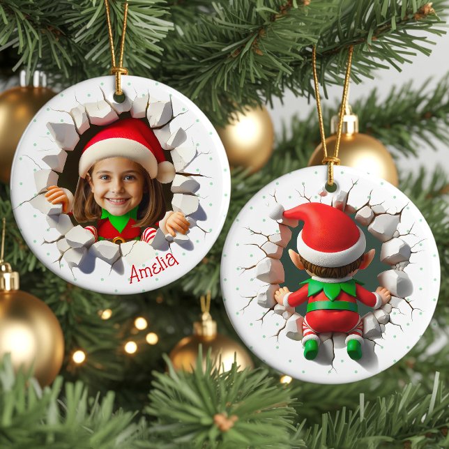 Funny Custom Face Photo Christmas Elf Name Holiday Julgransprydnad Keramik (Funny custom face photo crashing Christmas elf personalized name cute keepsake holiday ornament gift)