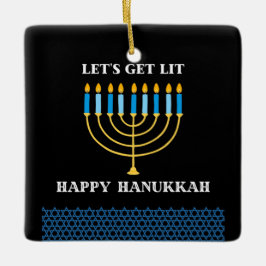 Funny Cute Blue Hanukkah Menorah Design Julgransprydnad Keramik