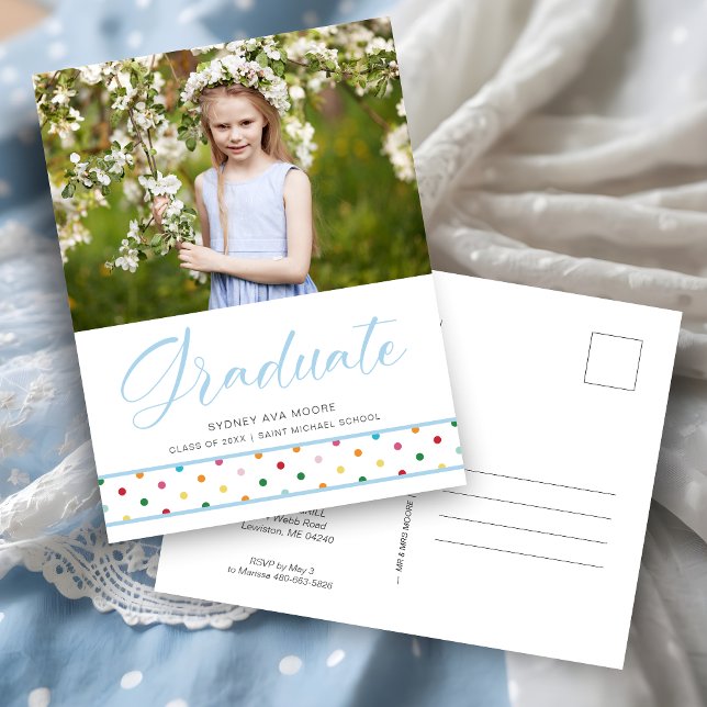 Funny Cute Blue Polka dots Grad Photo Studenten Vykort (Funny Cute Blue Polka Dots Grad Photo Graduation Invitation Card. )