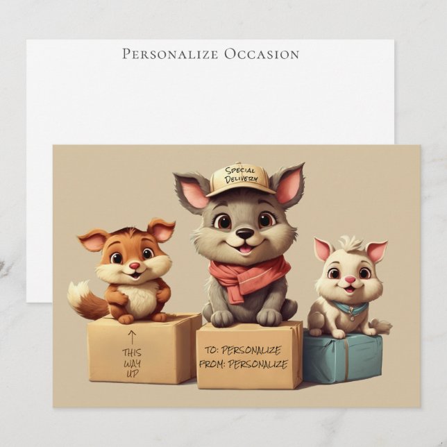 Funny Cute Cartoon Animals Delivery  Any Occasion Julkort (Fram/baksida)