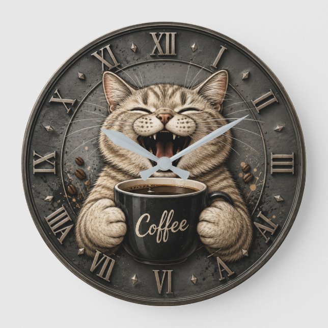 Funny Cute Cat Coffee Lover Decor Stor Klocka (Framsida)