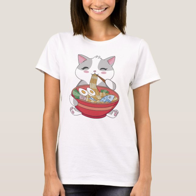 Funny Cute Cat Eating Ramen T Shirt (Framsida)