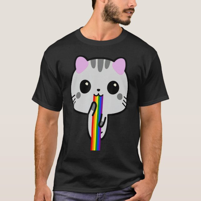 Funny Cute Cat Puke Kitten Puking Rainbow T Shirt (Framsida)