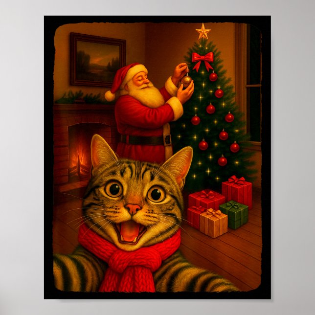 Funny Cute Cat Selfie With Santa Christmas Xmas Wo Poster (Framsidan)
