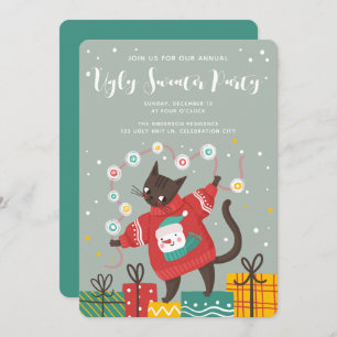 Funny Cute Cat Ugly God Jul Sweater Party Julkort