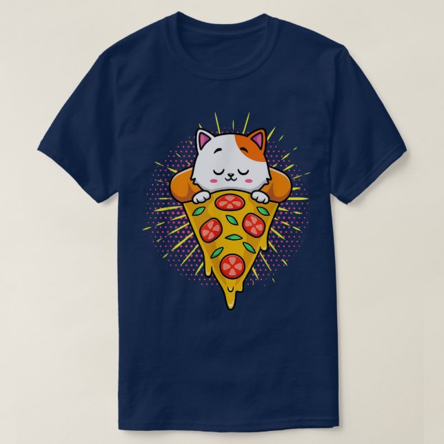 Funny Cute Cats Eats Pizza Kawaii Anime Japanska70 T Shirt (Design framsida)