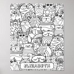 Funny Cute Cats Zen Doodle-färgning Anpassat namn Poster