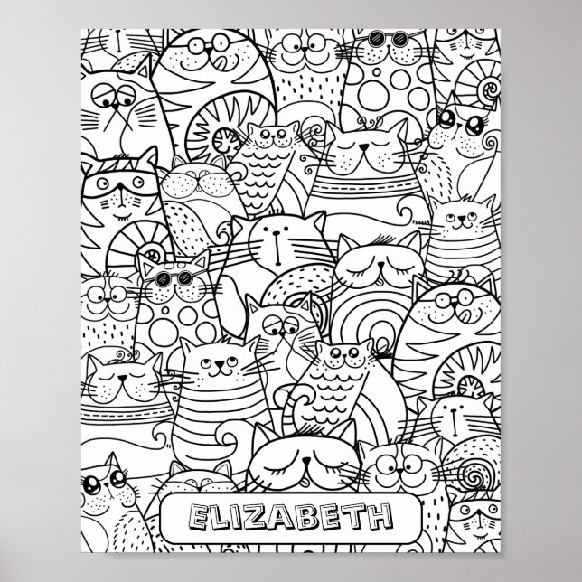 Funny Cute Cats Zen Doodle-färgning Anpassat namn Poster (Framsidan)