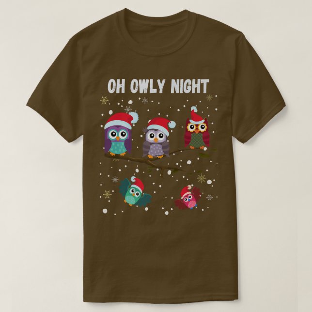 Funny Cute Christmas Owls in Santa Hats Oh Holy Ow T Shirt (Design framsida)