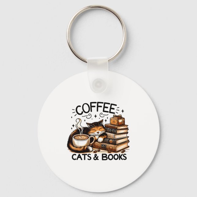 Funny Cute Coffee Cats Books Lover Women Men Kids  Nyckelring (Framsida)