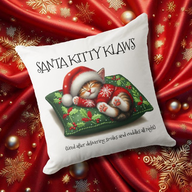 Funny Cute Dreaming Santa Kattunge Klaw Kudde (Santa Kitty Klaws 20x20 Square Christmas Throw Pillow Cover Photo)