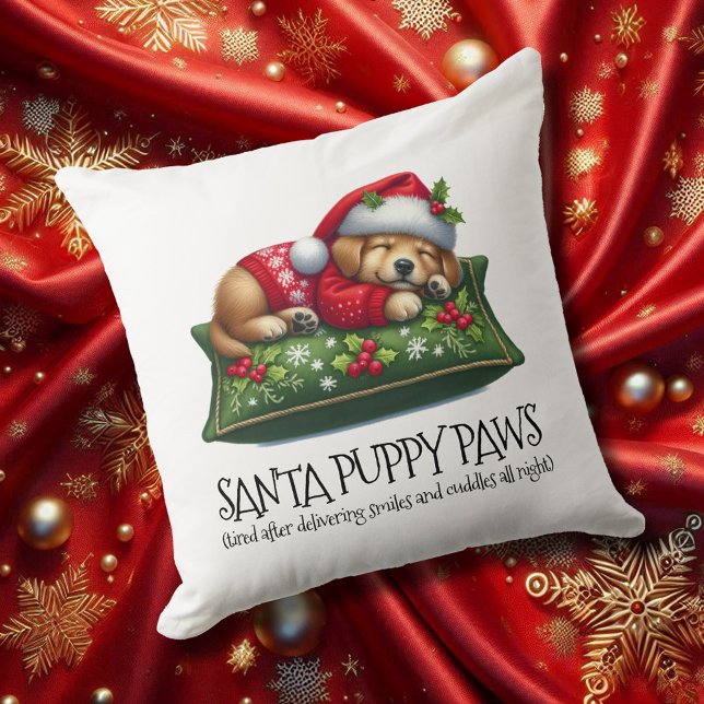 Funny Cute Dreaming Santa Puppy Tassar Kudde (Santa Puppy Paws 20x20 Square Christmas Throw Pillow Cover Photo)