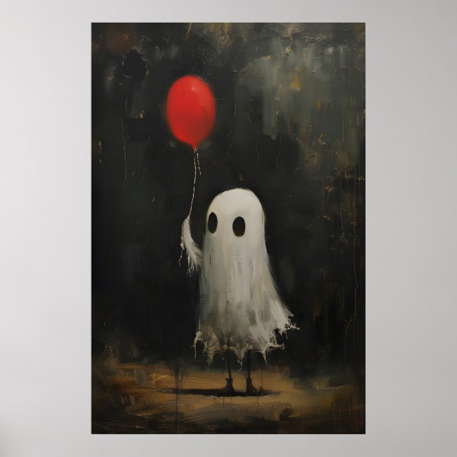 Funny Cute Ghost Holding Red Balloon, Vintage Poster (Framsidan)