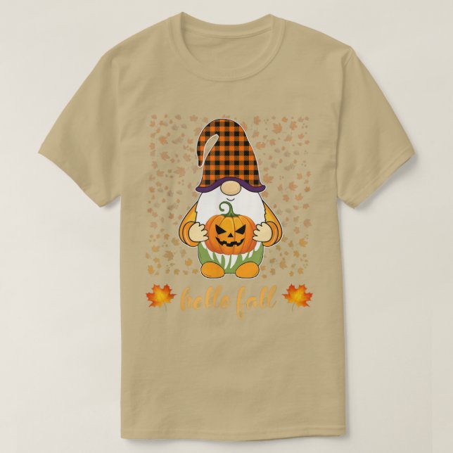 Funny Cute Gnome Holding Pumpkin Höst hej Fall T Shirt (Design framsida)