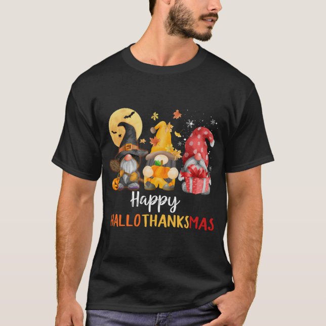 Funny Cute Gnomes Lycklig Hallothanksmas Autumn T Shirt (Framsida)