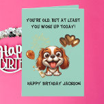 Funny Cute Hund Simple Birthday Hälsning Kort<br><div class="desc">"Fira i purfekt stil med det här vackra Hund Simple Birthday Greeting Card .A cheerful valp omgiven av ballonger och konetti, som håller designen roligt och ljusare, en vacker hund med ett lekfullt uttryck, parad med ett glansigt, lättretat budskap för att få vem som helst att le. Med sin minimalistiska...</div>
