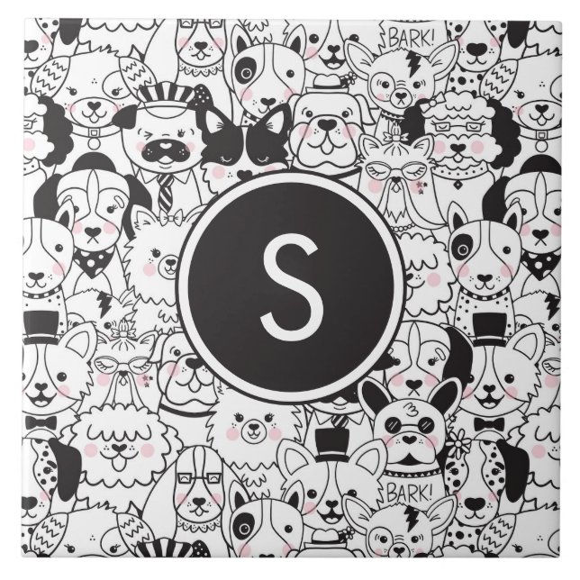 Funny Cute Hundrasers Black and White-Personlig Kakelplatta (Framsidan)