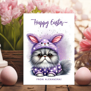 Funny Cute Kattunge Bunny Costume Lila Glad påsk Julkort