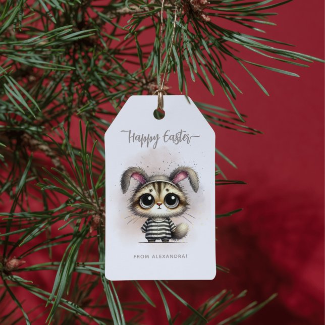 Funny Cute Kattunge i Pajamas Glad påsk Presentetikett (Skapare uppladdad)
