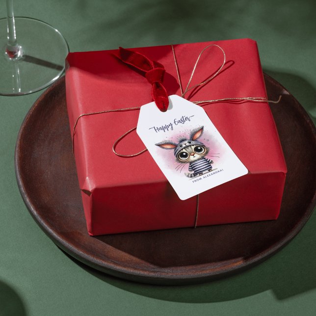 Funny cute Kattunge med Bunny Öron Glad påsk Presentetikett (Skapare uppladdad)