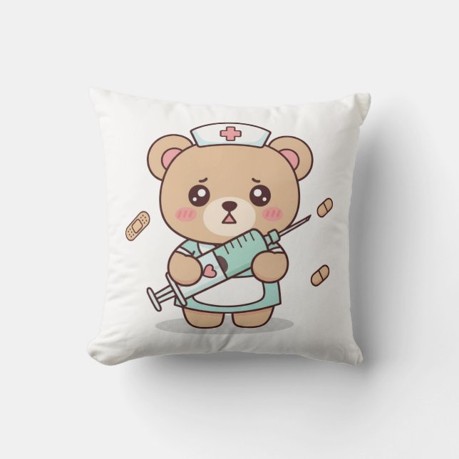Funny Cute Kawaii Nurse Teddy Bear Pillow Kudde (Framsida)