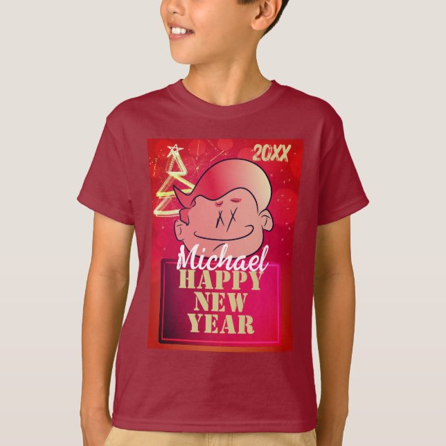 Funny Cute Little Tecknad Boy Gott nytt år T Shirt (Framsida)