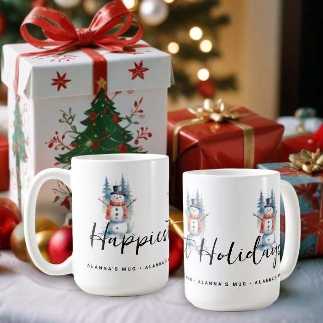 Funny Cute MInimal Snowman Frosted Forest Xmas Kaffemugg (Funny Cute MInimalist Snowman Frosted Forest Christmas Coffee Mugs, with Happiest Holidays Quote. )