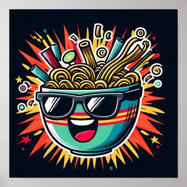 Funny Cute Noodle Cartoon Ramen Bowl Poster (Framsidan)