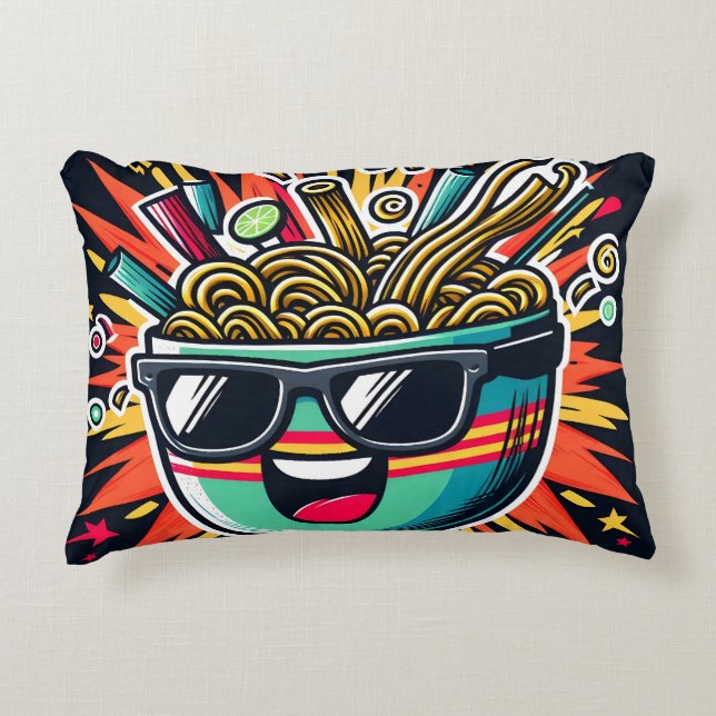 Funny Cute Noodle Cartoon Ramen Bowl Prydnadskudde (Framsidan)