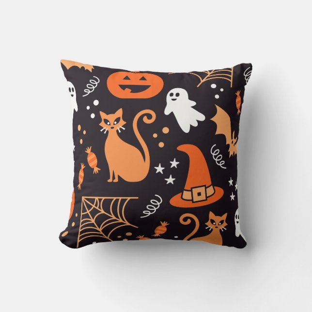 Funny Cute Orange Black Halloween Symbols Mönster Kudde (Framsida)