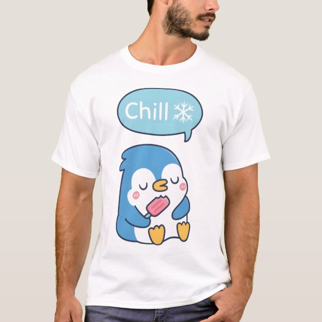 Funny Cute Penguin Says Chill Snowflake T Shirt (Framsida)