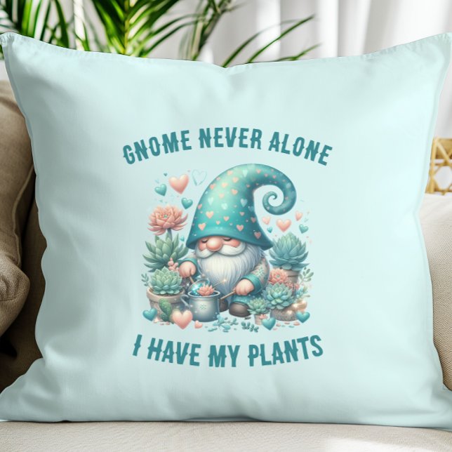 Funny Cute Plant Gnome Pun Dekorativ kudde (Gnome never alone I have my plants funny gnome pun plant lover pillow)