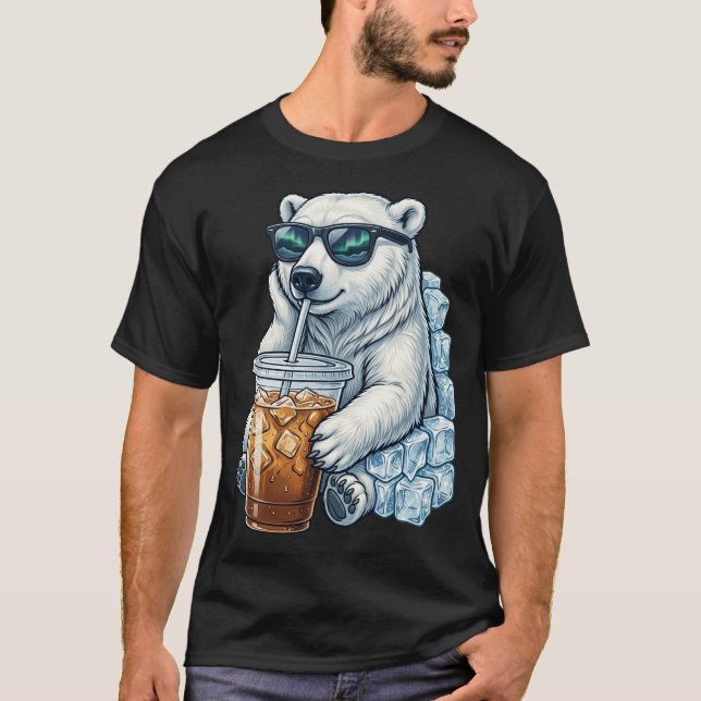 Funny Cute Polar Bear Drinking Iced Coffee Cool T Shirt (Framsida)