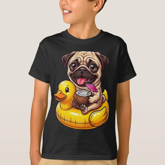 Funny Cute Pug in Rubber Duck Floatie Coconut  T Shirt (Framsida)