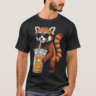 Funny Cute Red Panda Drinking Iced Coffee T Shirt