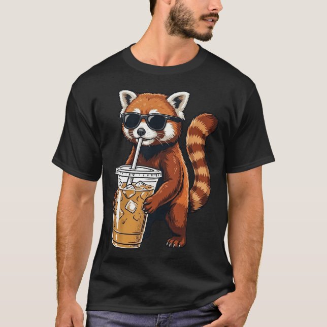 Funny Cute Red Panda Drinking Iced Coffee T Shirt (Framsida)