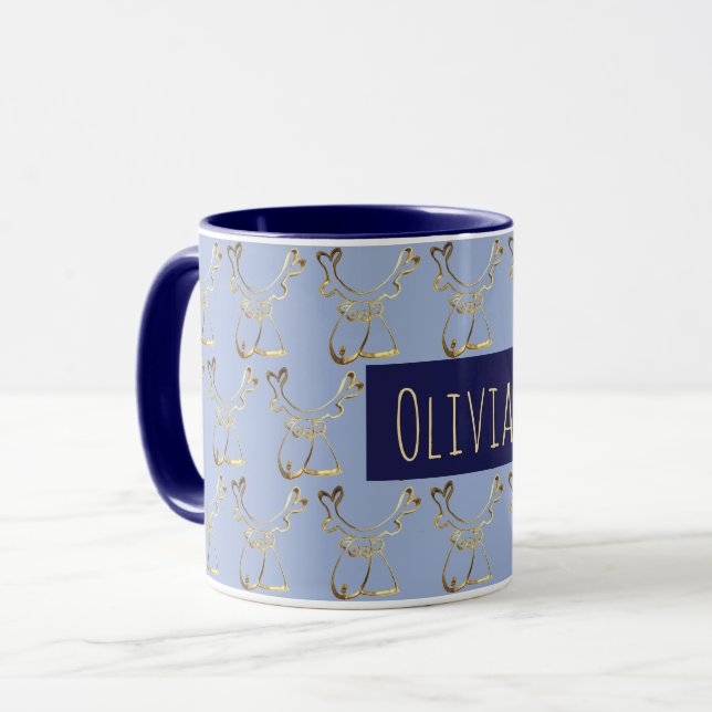 Funny Cute Reindeer Mönster Elegant Blue Faux Guld Mugg (Framsida vänster)