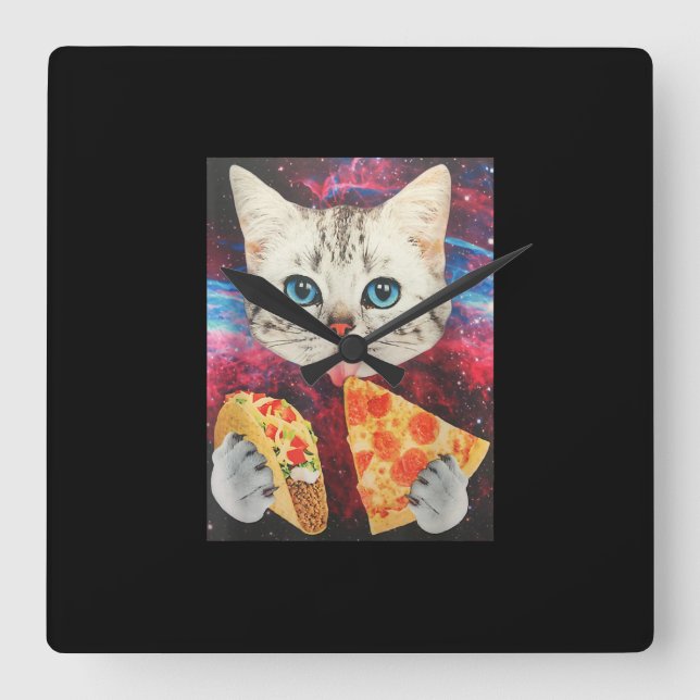 Funny Cute Rymden Galaxy Cat Meme Pizza Taco Fyrkantig Klocka (Framsida)