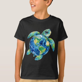 Funny Cute Sea Turtle Holding Earth Ocean Wildlife T Shirt