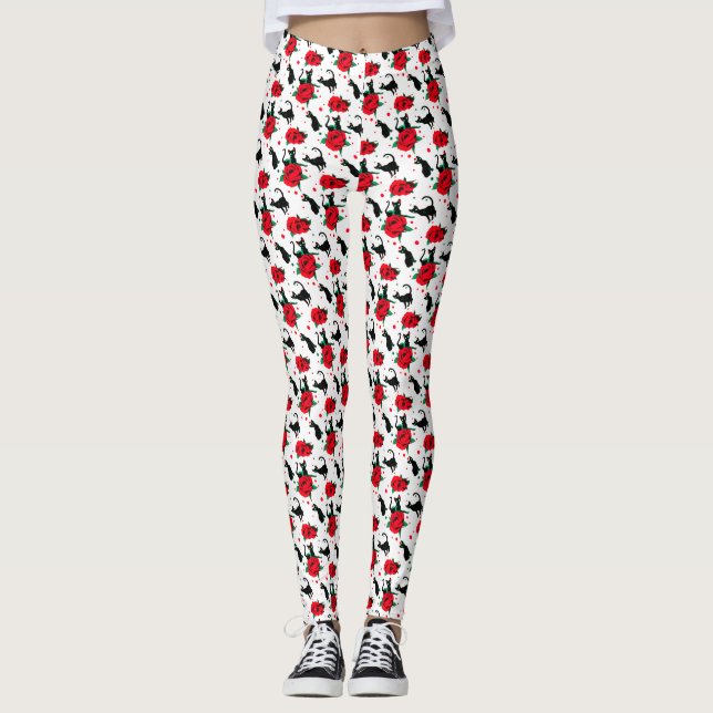 Funny Cute Svarta katter Röd ros Mönster Leggings (Framsida)