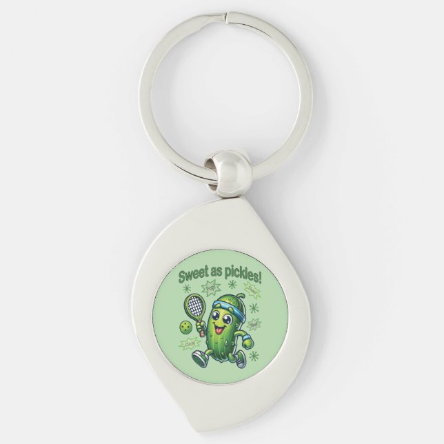 Funny Cute Sweet som Pickles Pickleball Swirl Silverfärgad Nyckelring (Framsidan)