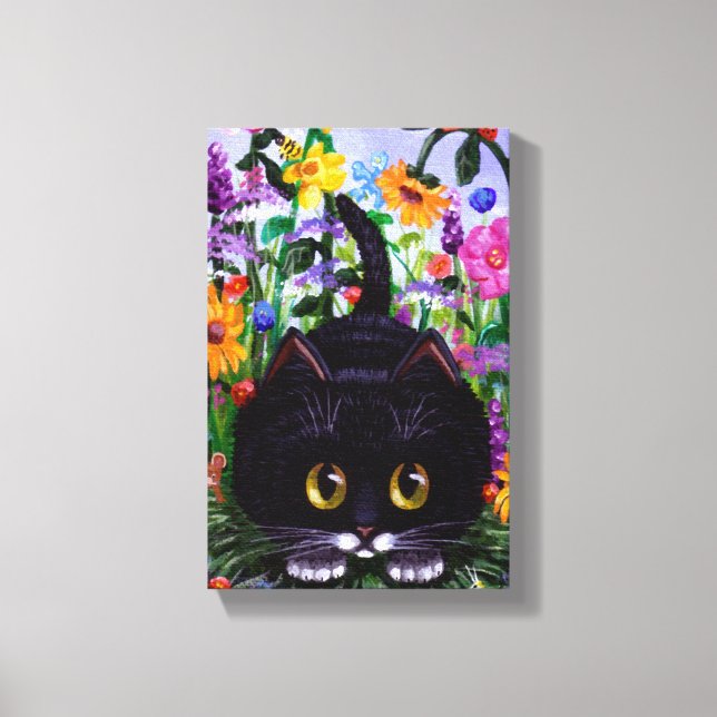 Funny Cute Tuxedo Cat Mouse Flowers Creationarts Canvastryck (Framsida)