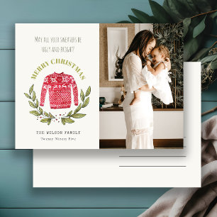 Funny Cute Ugly Sweater Red Grönt Foto jul Helg Vykort