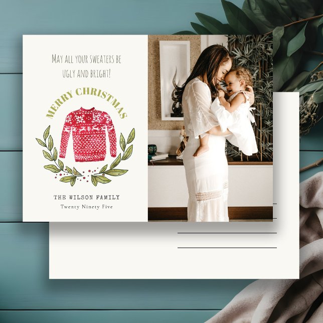 Funny Cute Ugly Sweater Red Grönt Foto jul Helg Vykort (Skapare uppladdad)