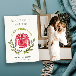 Funny Cute Ugly Sweater Red Grönt Foto jul Julkort