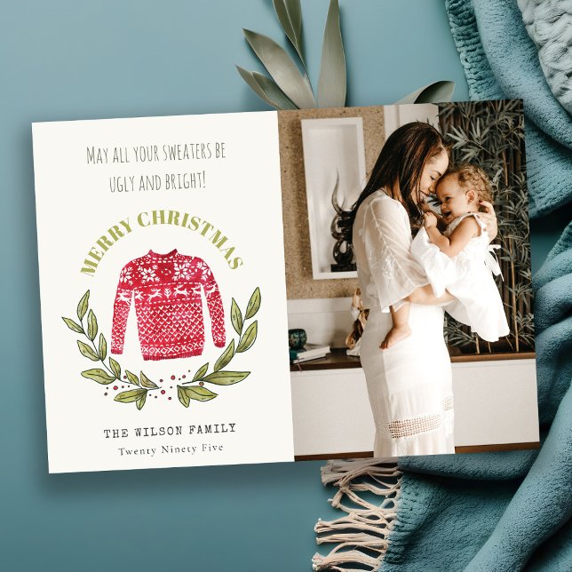Funny Cute Ugly Sweater Red Grönt Foto jul Julkort (Skapare uppladdad)