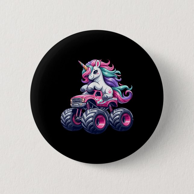 Funny Cute Unicorn Riding A Rosa Monster Lastbil G Knapp (Framsida)