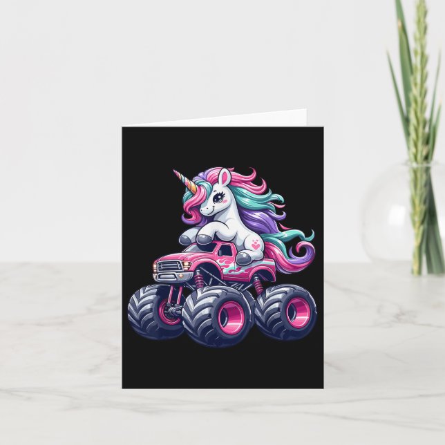 Funny Cute Unicorn Riding A Rosa Monster Lastbil G Kort (Framsida)
