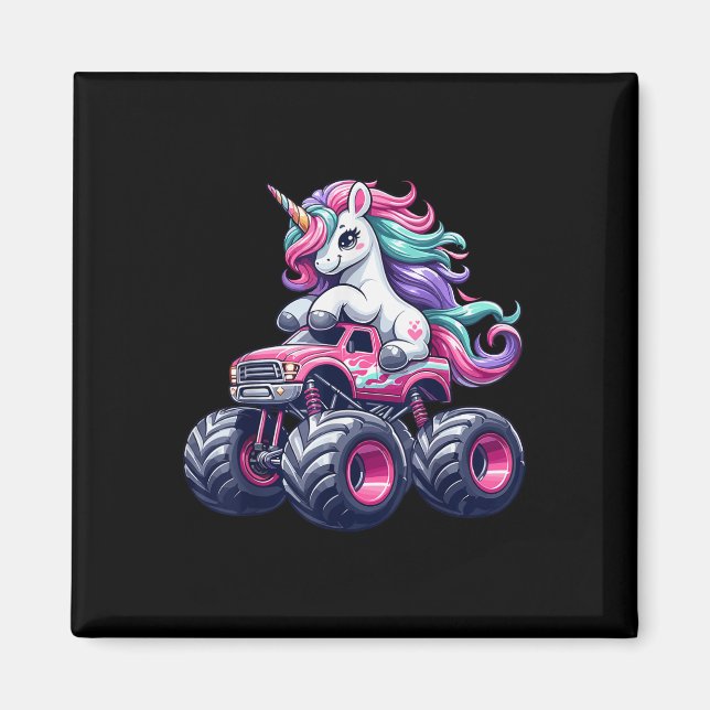Funny Cute Unicorn Riding A Rosa Monster Lastbil G Magnet (Framsidan)
