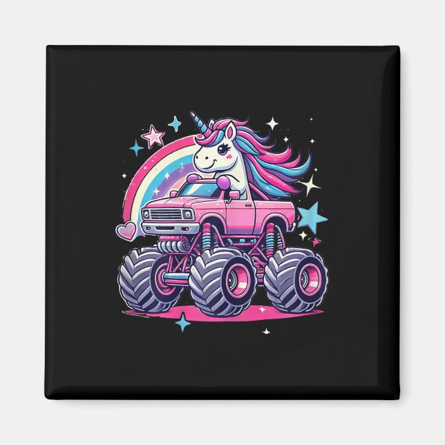 Funny Cute Unicorn Riding A Rosa Monster Lastbil G Magnet (Framsidan)